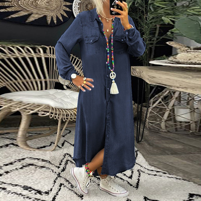 Women's Comfortable Solid Color Dress | Casual Long Sleeve Style-Mykonostore-Dark Blue-S (34)-Mykonostore