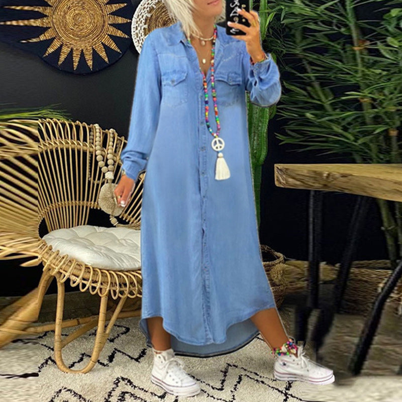 Women's Comfortable Solid Color Dress | Casual Long Sleeve Style-Mykonostore-Light Blue-S (34)-Mykonostore