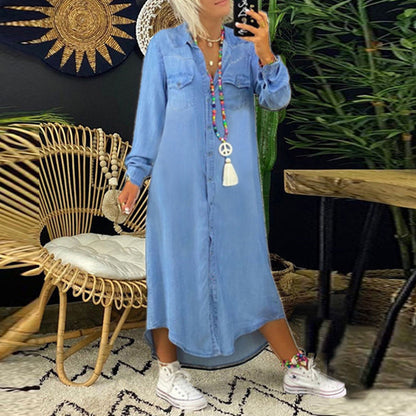 Women's Comfortable Solid Color Dress | Casual Long Sleeve Style-Mykonostore-Light Blue-S (34)-Mykonostore