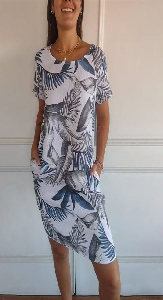 Women's Comfortable Solid Color Dress | Classic Round Neck Short Sleeve Design-Mykonostore-White and Blue-2XL-Mykonostore