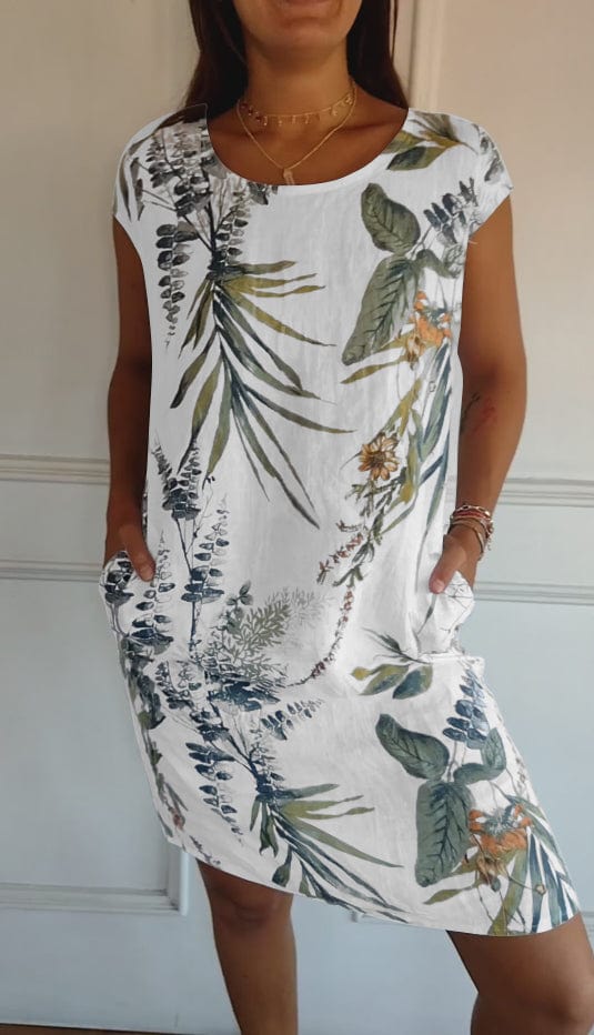 Women's Comfortable Solid Color Dress | Classic Round Neck Short Sleeve Design-Mykonostore-White and Green-S-Mykonostore