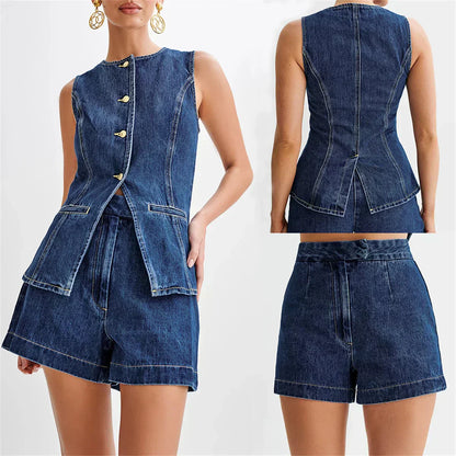 Women's Coordinated Denim Outfit | Casual Sleeveless Top and Wide Shorts-Mykonostore-Mykonostore