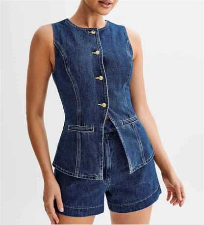 Women's Coordinated Denim Outfit | Casual Sleeveless Top and Wide Shorts-Mykonostore-Mykonostore