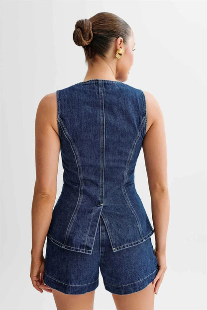 Women's Coordinated Denim Outfit | Casual Sleeveless Top and Wide Shorts-Mykonostore-Mykonostore