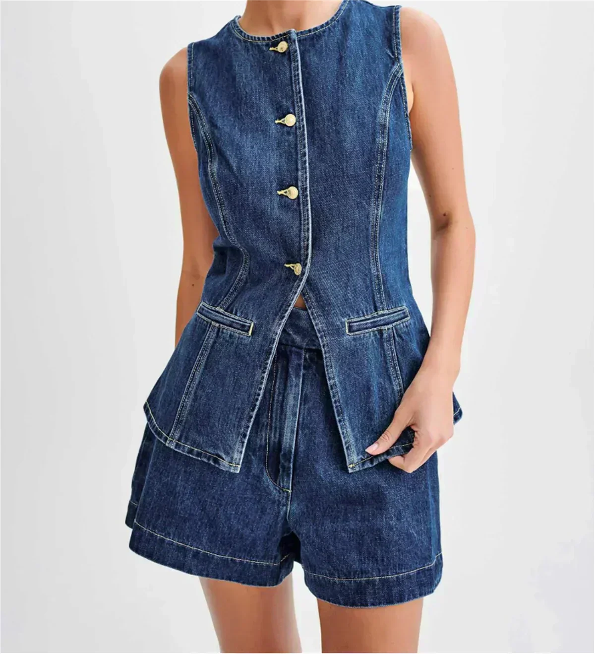 Women's Coordinated Denim Outfit | Casual Sleeveless Top and Wide Shorts-Mykonostore-Mykonostore