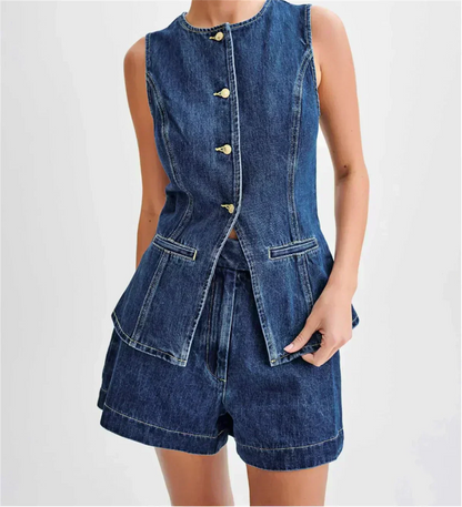 Women's Coordinated Denim Outfit | Casual Sleeveless Top and Wide Shorts-Mykonostore-Mykonostore