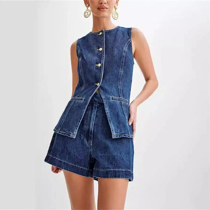 Women's Coordinated Denim Outfit | Casual Sleeveless Top and Wide Shorts-Mykonostore-Set-S-Mykonostore