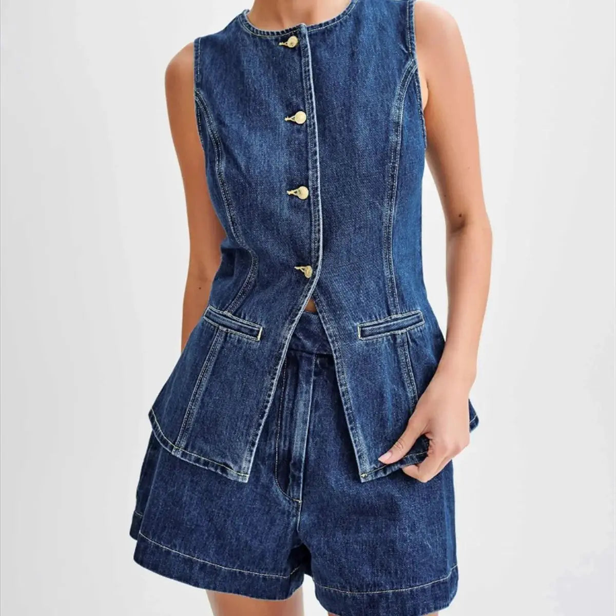 Women's Coordinated Denim Outfit | Casual Sleeveless Top and Wide Shorts-Mykonostore-TOP-S-Mykonostore