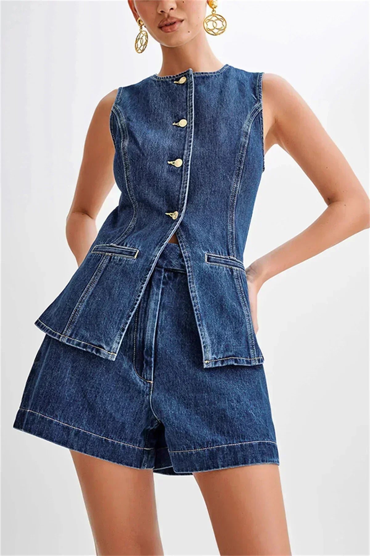 Women's Coordinated Denim Outfit | Casual Sleeveless Top and Wide Shorts-Mykonostore-Mykonostore