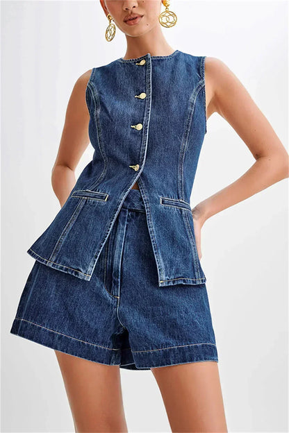 Women's Coordinated Denim Outfit | Casual Sleeveless Top and Wide Shorts-Mykonostore-Mykonostore