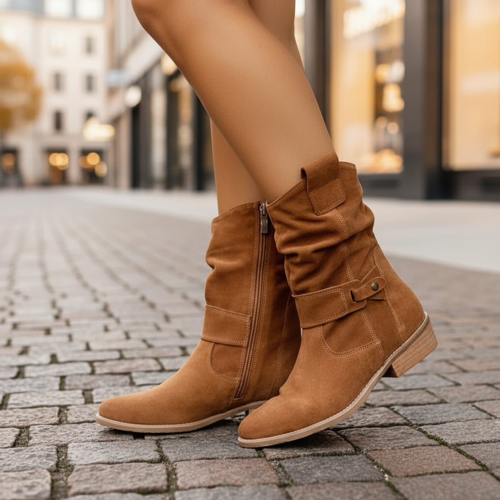 Women's Elegant Faux Leather Ankle Boots | Stylish Comfort with Strap Details-Damenstiefel-Mykonostore-Brown-5-Mykonostore
