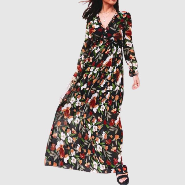 Women's Elegant Floral Chiffon Maxi Dress | Flowing Ankle-Length Gown-Mykonostore-Black-XS-Mykonostore