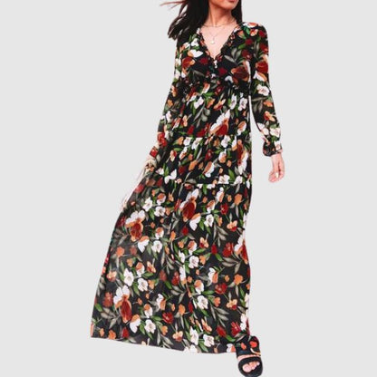 Women's Elegant Floral Chiffon Maxi Dress | Flowing Ankle-Length Gown-Mykonostore-Black-XS-Mykonostore