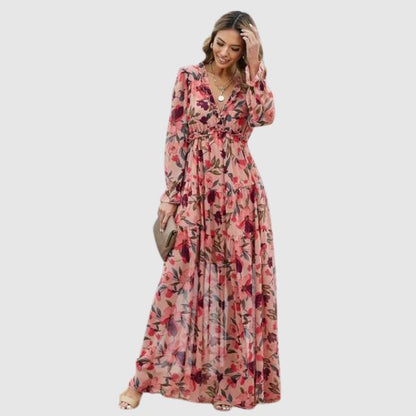 Women's Elegant Floral Chiffon Maxi Dress | Flowing Ankle-Length Gown-Mykonostore-Red-XS-Mykonostore