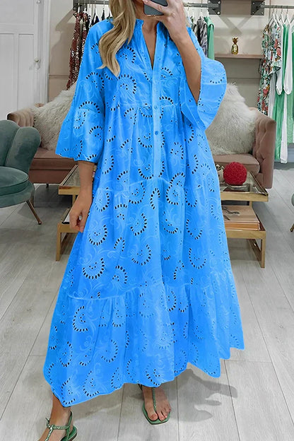 Women's Elegant Lace Embroidery Dress | Flowing Below-Knee Style-Mykonostore-Blue-S-Mykonostore