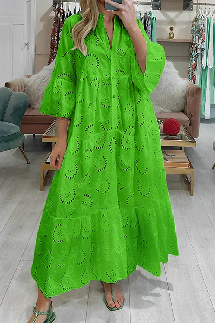 Women's Elegant Lace Embroidery Dress | Flowing Below-Knee Style-Mykonostore-Green-S-Mykonostore