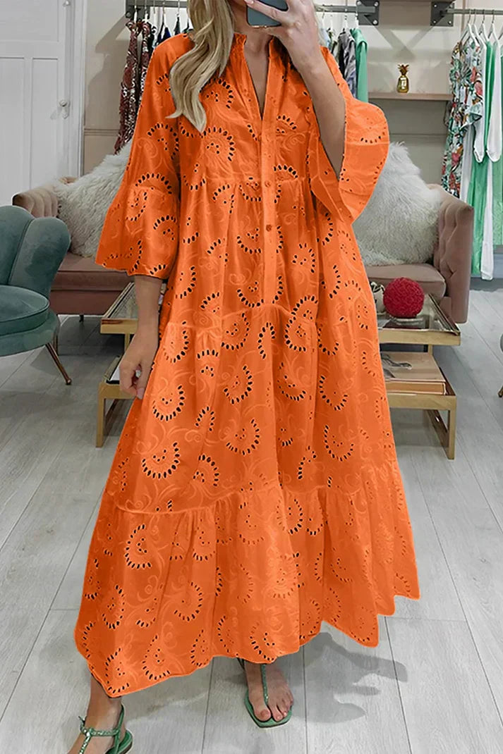 Women's Elegant Lace Embroidery Dress | Flowing Below-Knee Style-Mykonostore-Orange-S-Mykonostore