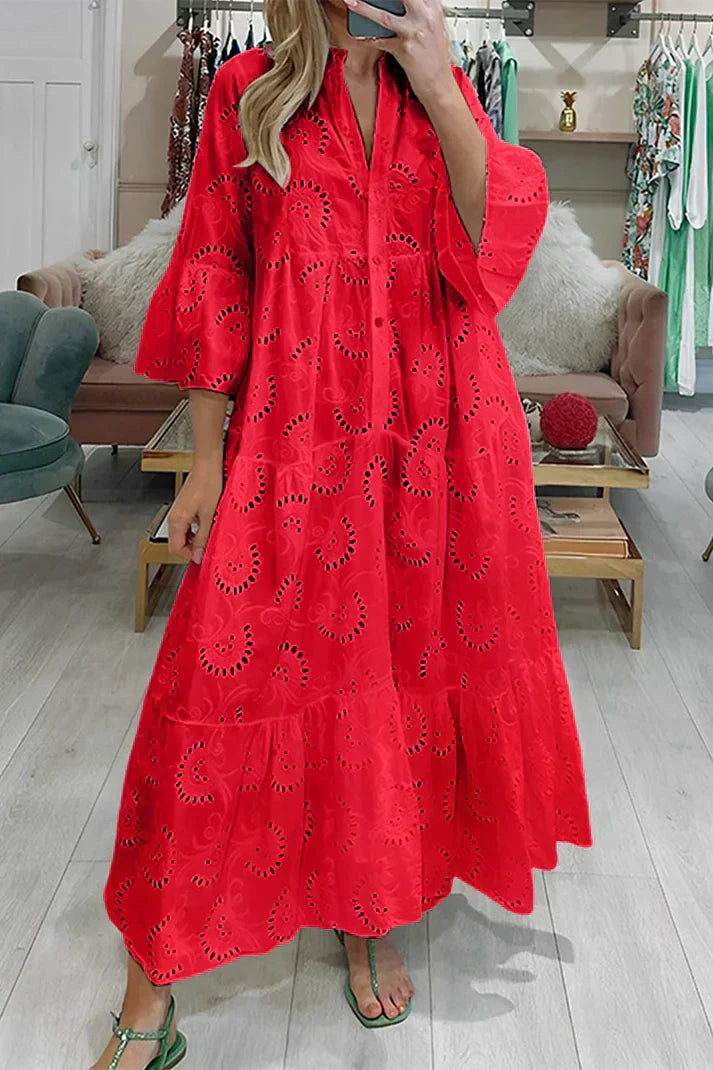 Women's Elegant Lace Embroidery Dress | Flowing Below-Knee Style-Mykonostore-Red-S-Mykonostore