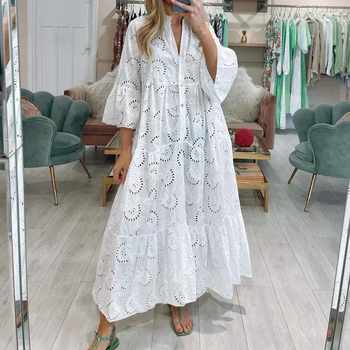 Women's Elegant Lace Embroidery Dress | Flowing Below-Knee Style-Mykonostore-White-S-Mykonostore