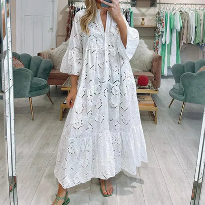 Women's Elegant Lace Embroidery Dress | Flowing Below-Knee Style-Mykonostore-White-S-Mykonostore