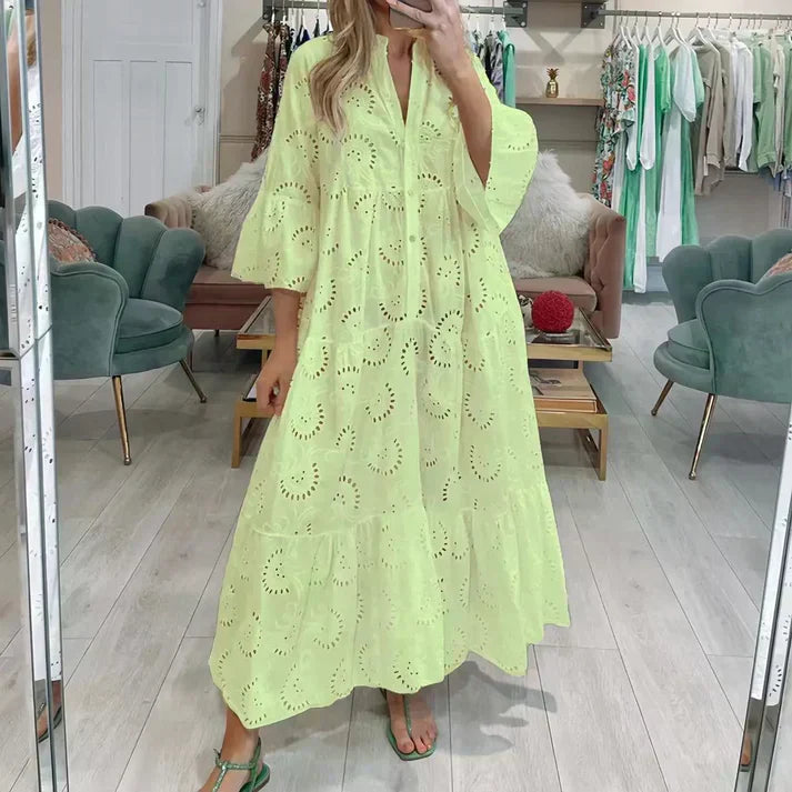 Women's Elegant Lace Embroidery Dress | Flowing Below-Knee Style-Mykonostore-Yellow-S-Mykonostore