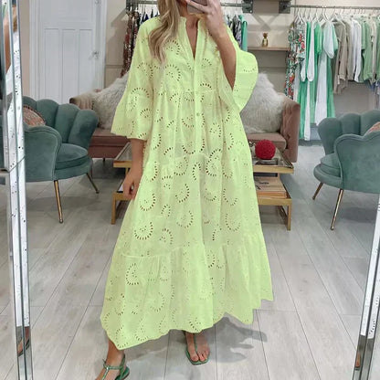 Women's Elegant Lace Embroidery Dress | Flowing Below-Knee Style-Mykonostore-Yellow-S-Mykonostore
