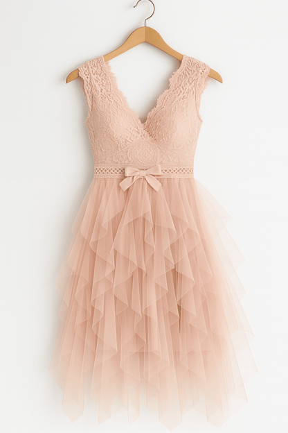 Women's Elegant Lace Midi Dress | Romantic Layered Tulle Skirt-Damenkleider-Mykonostore-Mykonostore