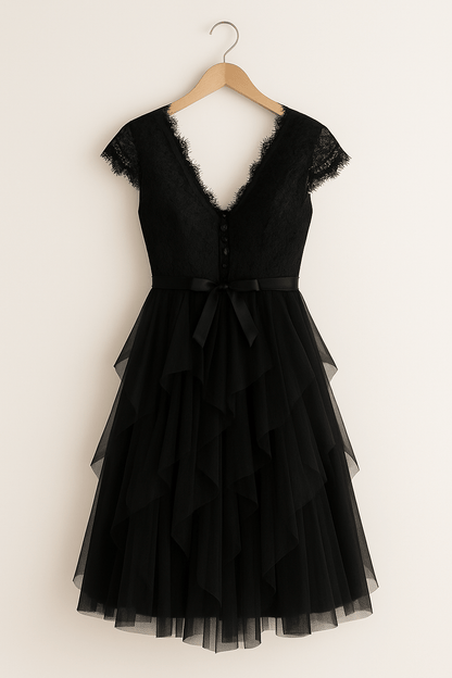 Women's Elegant Lace Midi Dress | Romantic Layered Tulle Skirt-Damenkleider-Mykonostore-Mykonostore