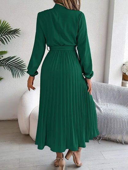 Women's Elegant Midi Dress | Pleated Skirt with Belted Waist-Mykonostore-Mykonostore