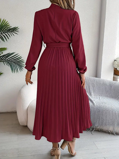 Women's Elegant Midi Dress | Pleated Skirt with Belted Waist-Mykonostore-Mykonostore