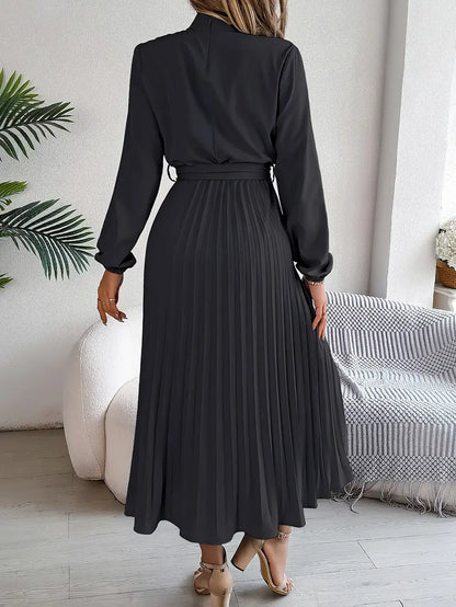Women's Elegant Midi Dress | Pleated Skirt with Belted Waist-Mykonostore-Mykonostore