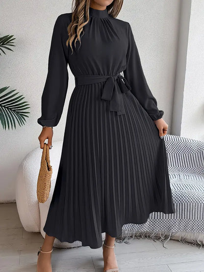 Women's Elegant Midi Dress | Pleated Skirt with Belted Waist-Mykonostore-Black-S-Mykonostore