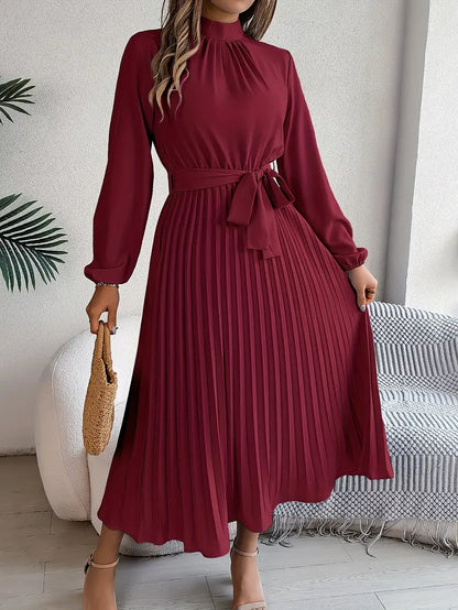 Women's Elegant Midi Dress | Pleated Skirt with Belted Waist-Mykonostore-Burgundy-S-Mykonostore