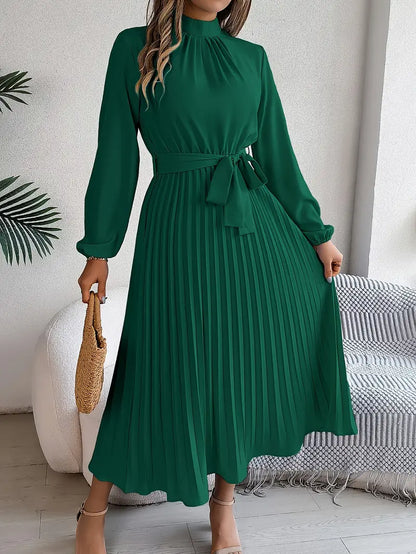 Women's Elegant Midi Dress | Pleated Skirt with Belted Waist-Mykonostore-Green-S-Mykonostore
