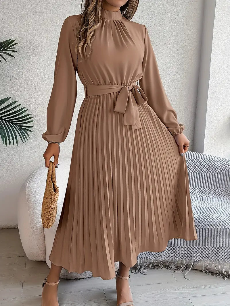 Women's Elegant Midi Dress | Pleated Skirt with Belted Waist-Mykonostore-Khaki-S-Mykonostore