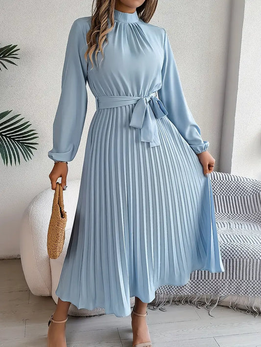 Women's Elegant Midi Dress | Pleated Skirt with Belted Waist-Mykonostore-Light Blue-S-Mykonostore