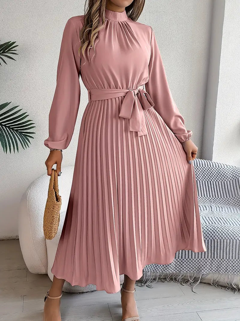 Women's Elegant Midi Dress | Pleated Skirt with Belted Waist-Mykonostore-Pink-S-Mykonostore