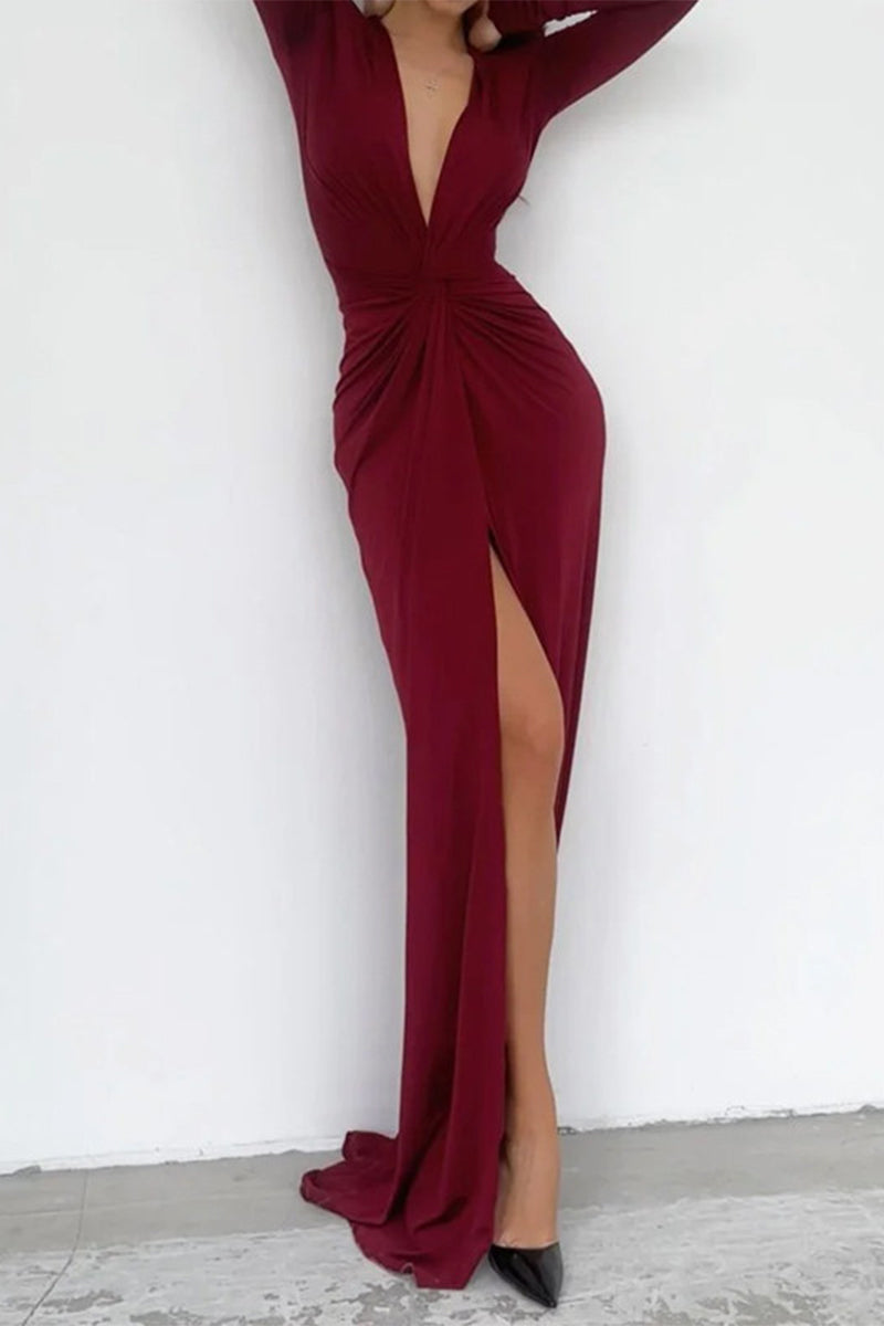 Women's Elegant Solid Color Dress | V-Neck Pleated Neckline Design-Mykonostore-Dark Red-S-Mykonostore