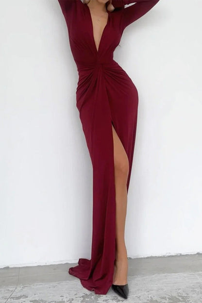 Women's Elegant Solid Color Dress | V-Neck Pleated Neckline Design-Mykonostore-Dark Red-S-Mykonostore