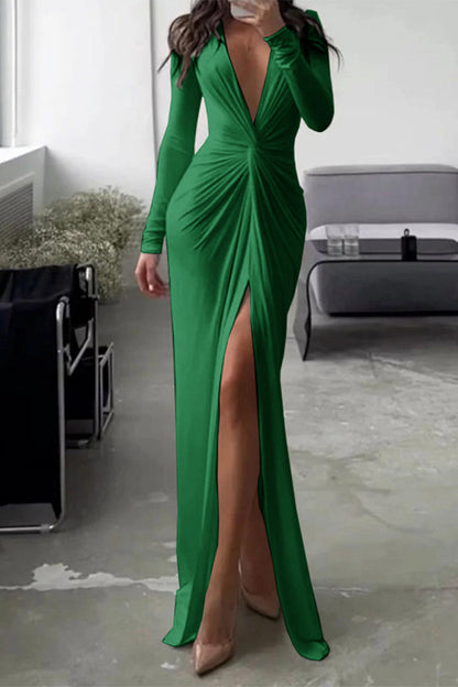 Women's Elegant Solid Color Dress | V-Neck Pleated Neckline Design-Mykonostore-Green-S-Mykonostore
