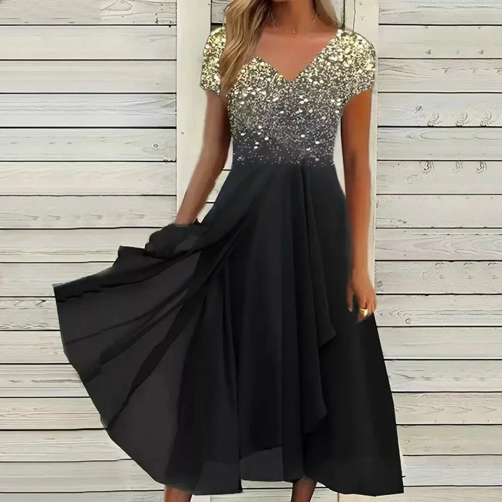 Women's Elegant Solid Evening Gown | Flowing Silhouette with Defined Waistline-Mykonostore-Gold Black-S-Mykonostore