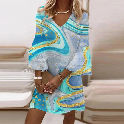 Women's Elegant Summer Dress | Airy Nature-Inspired Print-Mykonostore-Blue-S-Mykonostore