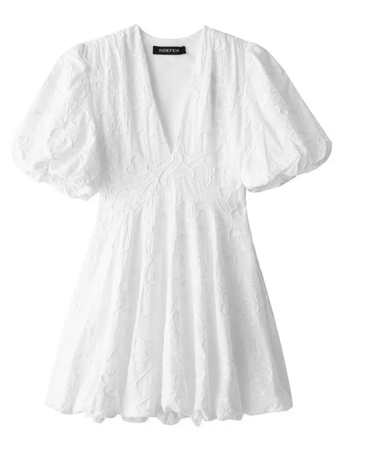Women's Embroidered Dress with Deep V-Neck | Elegant Balloon Skirt for Spring and Summer-Mykonostore-Mykonostore