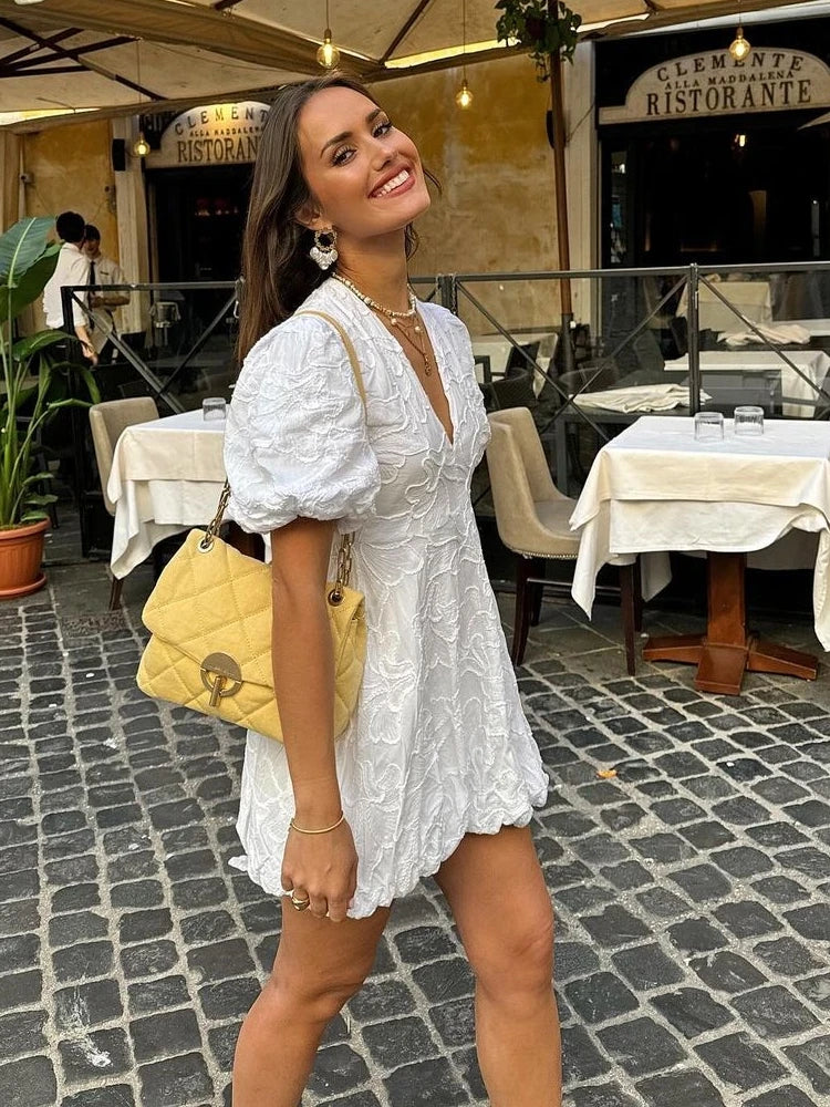 Women's Embroidered Dress with Deep V-Neck | Elegant Balloon Skirt for Spring and Summer-Mykonostore-Mykonostore