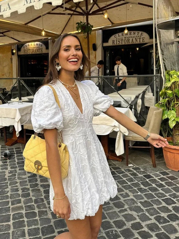 Women's Embroidered Dress with Deep V-Neck | Elegant Balloon Skirt for Spring and Summer-Mykonostore-XS-Mykonostore