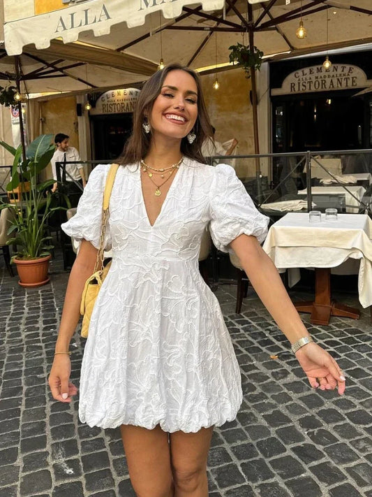 Women's Embroidered Dress with Deep V-Neck | Elegant Balloon Skirt for Spring and Summer-Mykonostore-Mykonostore