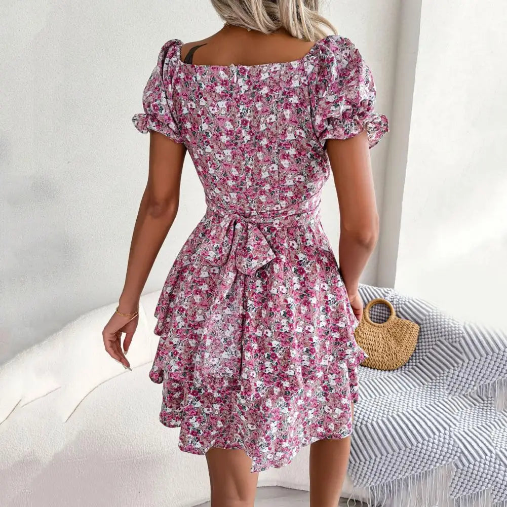 Women's Floral Print Dress | Elegant Square Neck Puff Sleeve Design-Mykonostore-Mykonostore