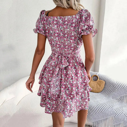 Women's Floral Print Dress | Elegant Square Neck Puff Sleeve Design-Mykonostore-Mykonostore