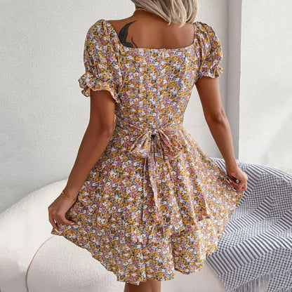 Women's Floral Print Dress | Elegant Square Neck Puff Sleeve Design-Mykonostore-Mykonostore