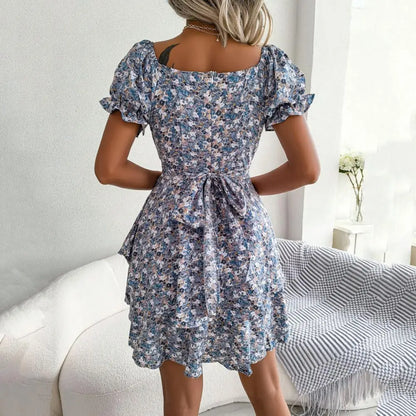 Women's Floral Print Dress | Elegant Square Neck Puff Sleeve Design-Mykonostore-Mykonostore